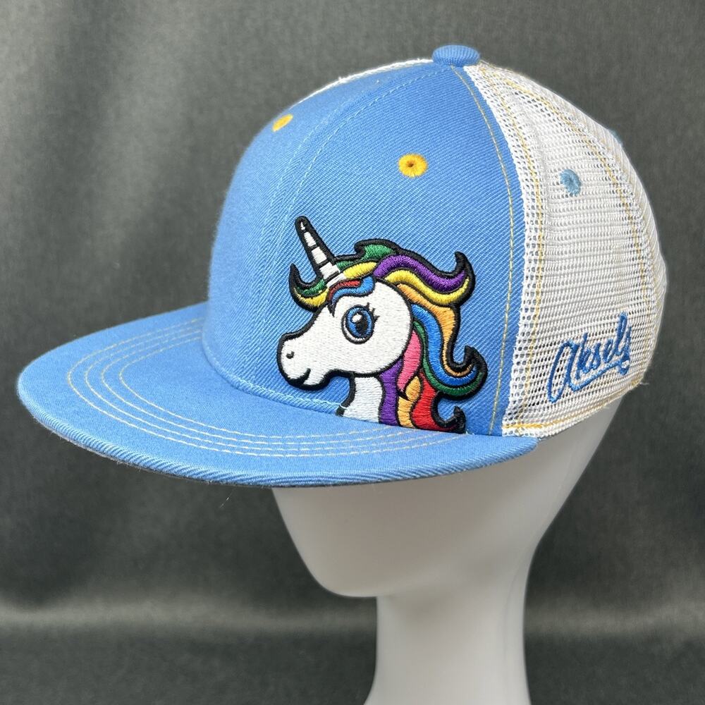 Aksels Unicorn Trucker Hat Snapback Youth OS Flat Bill Light Blue White Mesh Cap